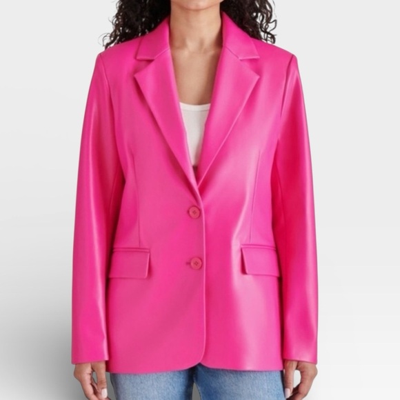 Steve Madden Faux Leather Bold & Bright Pink Blazer Jacket Medium Galentines - Picture 2 of 11